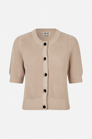 Front view of a beige knitted cardigan with a round neckline, short puff sleeves and black flower-shaped buttons.