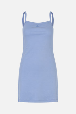 Front view of a light blue ribbed camisole dress with thin straps and a small embroidered chest logo.