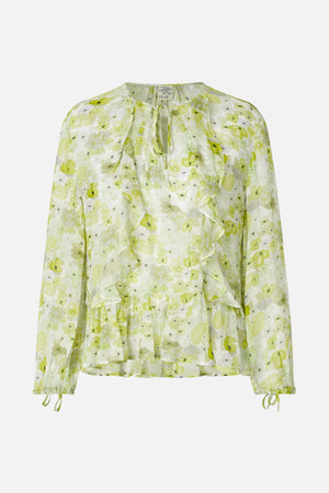 Front view of a long-sleeved blouse with a pale green and white floral print, layered front ruffles, a tie neckline and ribbon cuffs.
