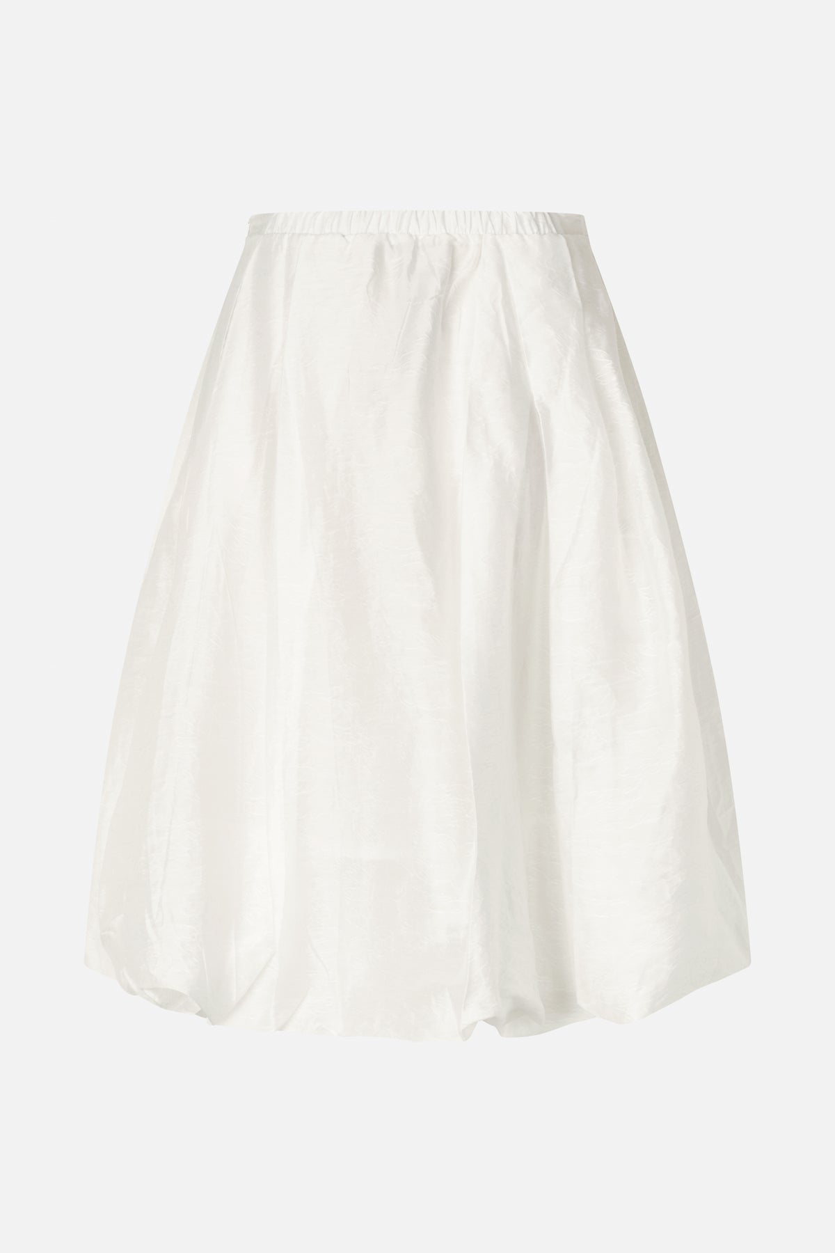 Front view of an ivory full skirt with an elasticated waistband and subtle tonal floral pattern.