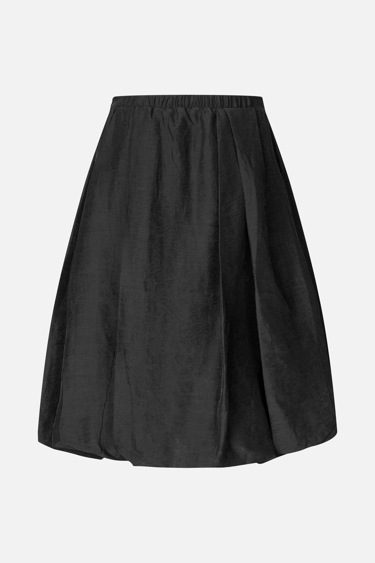 Black A-line skirt with a gathered waistband, wide pleats and a subtle tonal floral pattern, shown from the front.