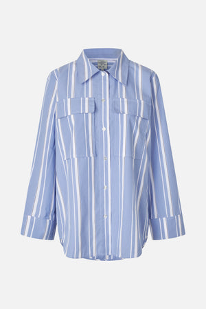 Front view of a light blue button-up shirt with vertical white and dark pinstripes, a pointed collar, and two flap chest pockets.