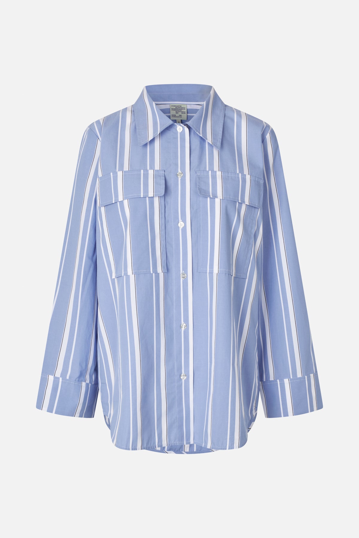 Front view of a light blue button-up shirt with vertical white and dark pinstripes, a pointed collar, and two flap chest pockets.