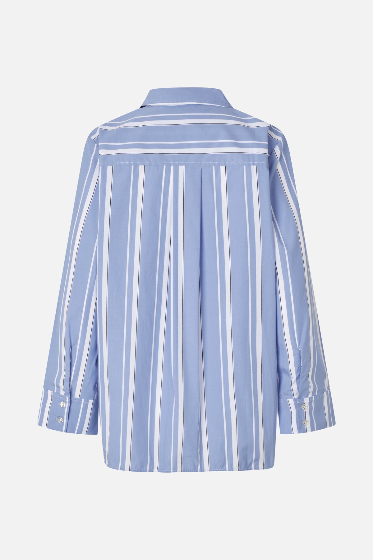 Back view of a pale blue long-sleeved shirt with white and dark vertical stripes, a yoke seam and pleat.