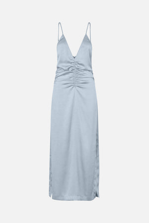 Front view of a pale blue satin maxi dress with thin straps, a deep V-neck, ruched centre seam and subtle textured pattern.