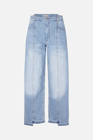 Front view of light-wash blue denim jeans with a high waist, wide straight legs, contrast stitching and front pockets.