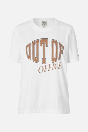 White short-sleeved crew-neck T-shirt with brown outlined collegiate lettering reading “OUT OF OFFICE” on the front.