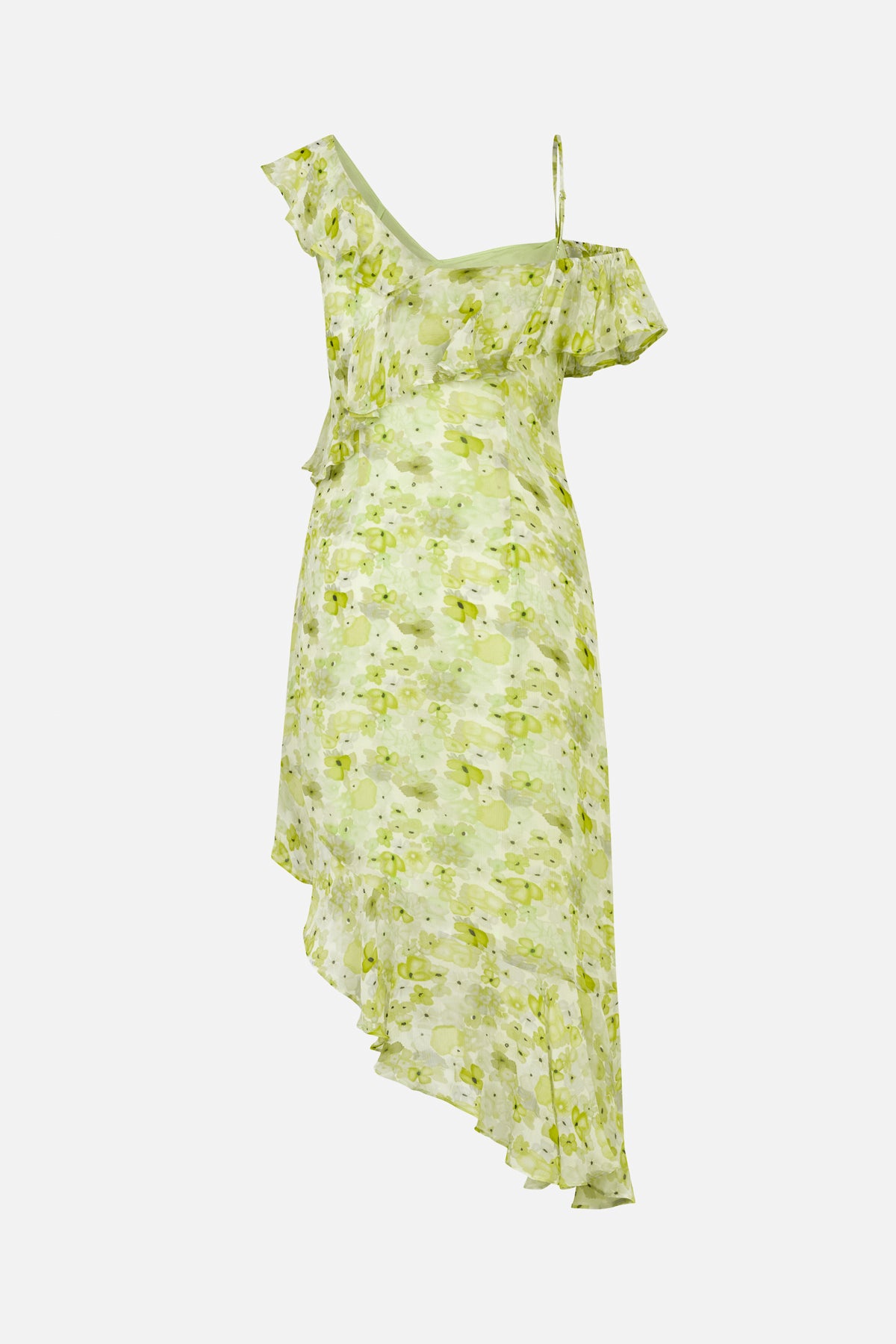Asymmetrische midi-jurk met één schouder, ruches bij de halslijn en zoom, bedrukt met lichtgroene aquarelbloemen