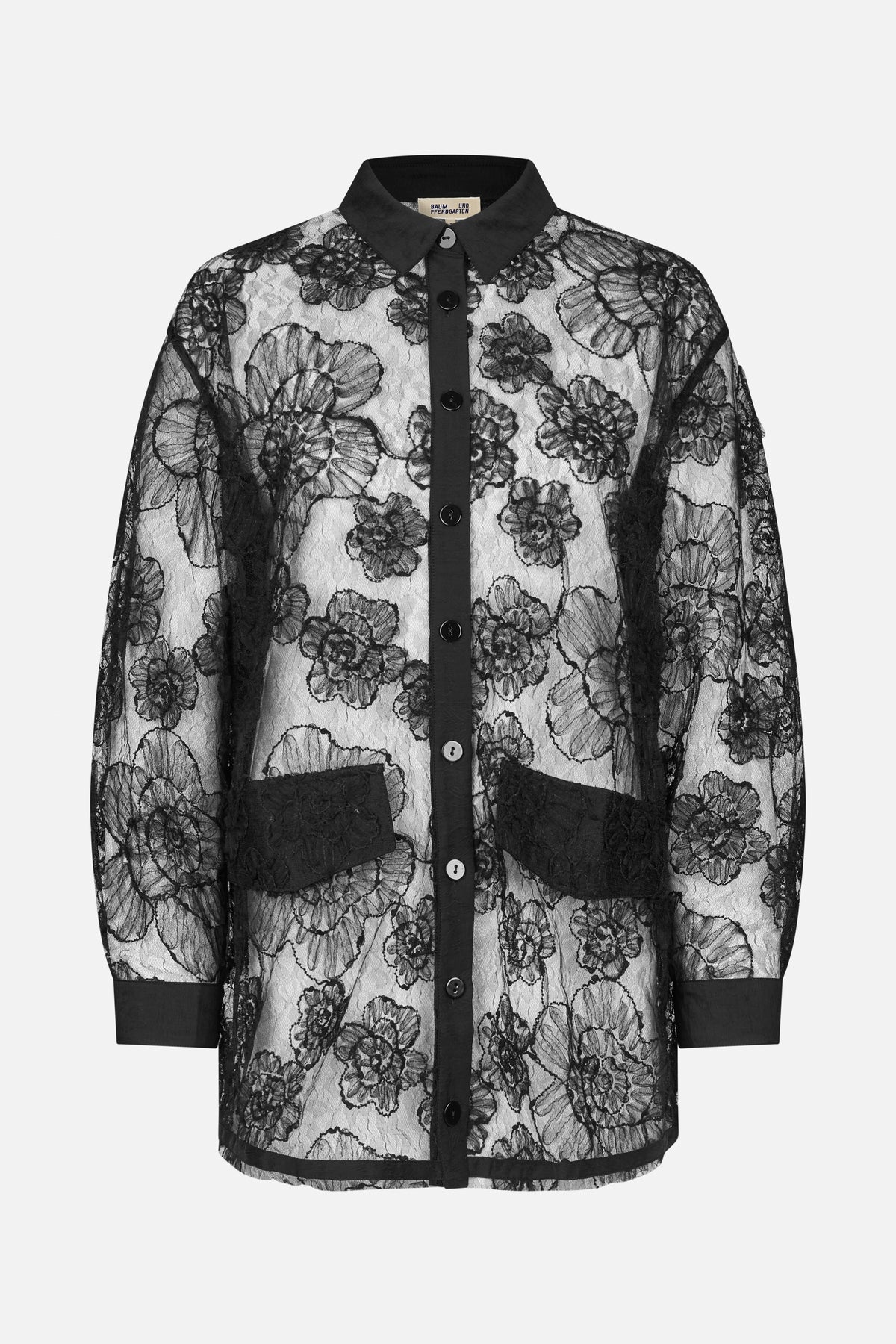 Front view of a sheer black floral lace shirt with a pointed collar, button placket, chest pockets and solid cuffs.