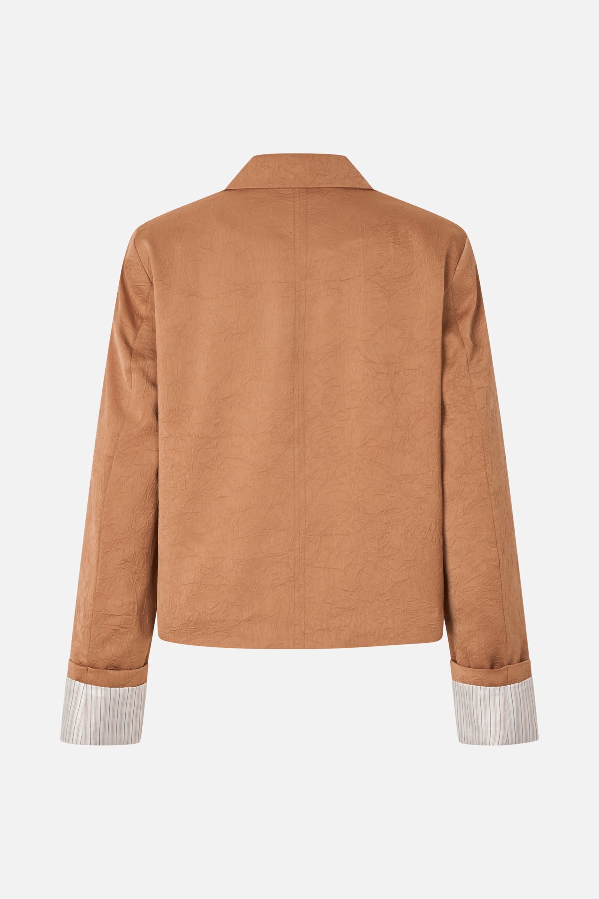 Back view of a crinkled tan long-sleeve shirt with a pointed collar, centre seam and contrasting striped cuffs.