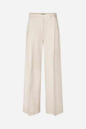 Front view of off-white wide-leg trousers with a high waistband, belt loops and a concealed fly.