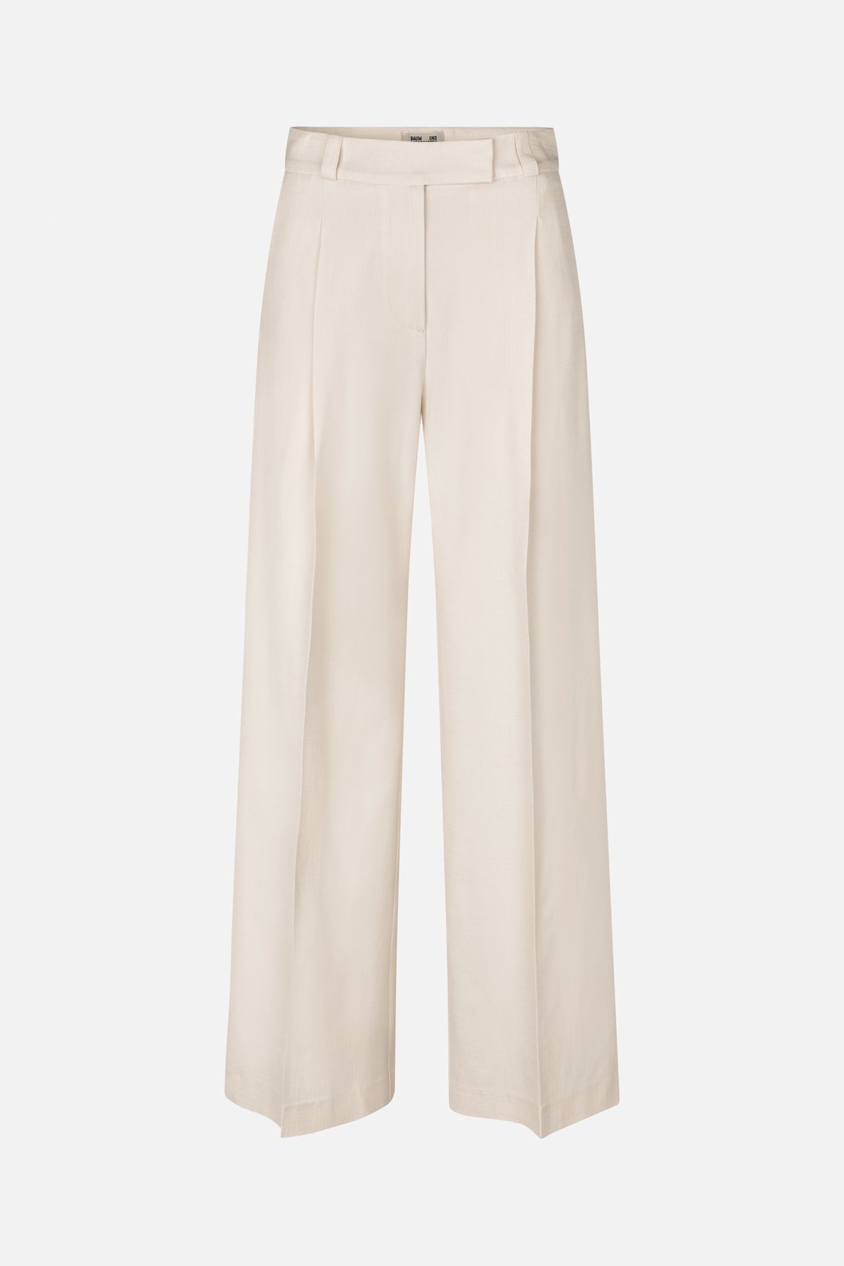 Vorderansicht einer weit geschnittenen Hose in Offwhite mit hohem Bund, Gürtelschlaufen und verdecktem Reißverschluss.