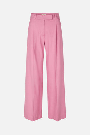 Front view of pink tailored trousers with wide legs, belt loops, a concealed fly and pressed creases.