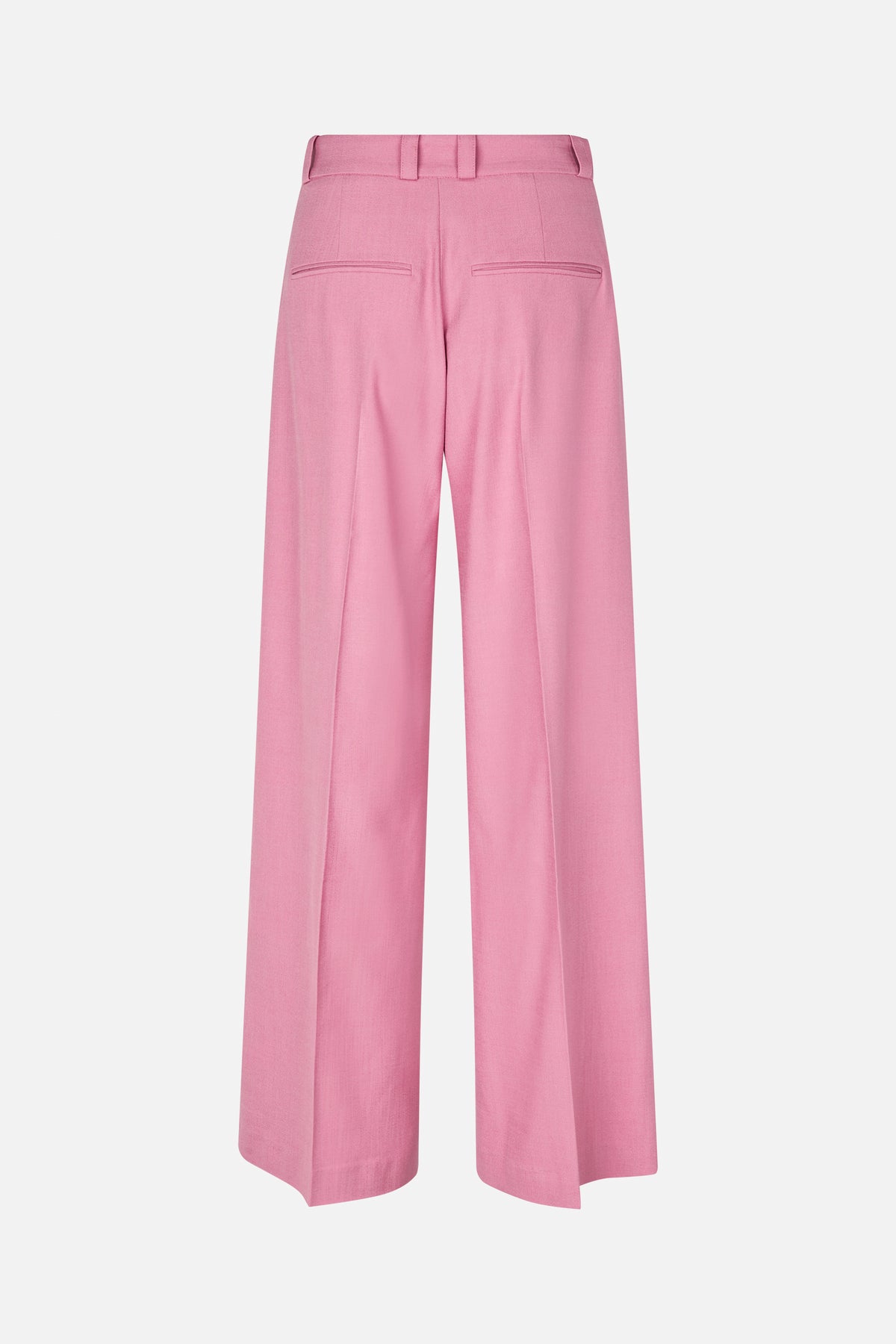 Back view of pink wide-leg tailored trousers with belt loops, pressed creases and two welt pockets.