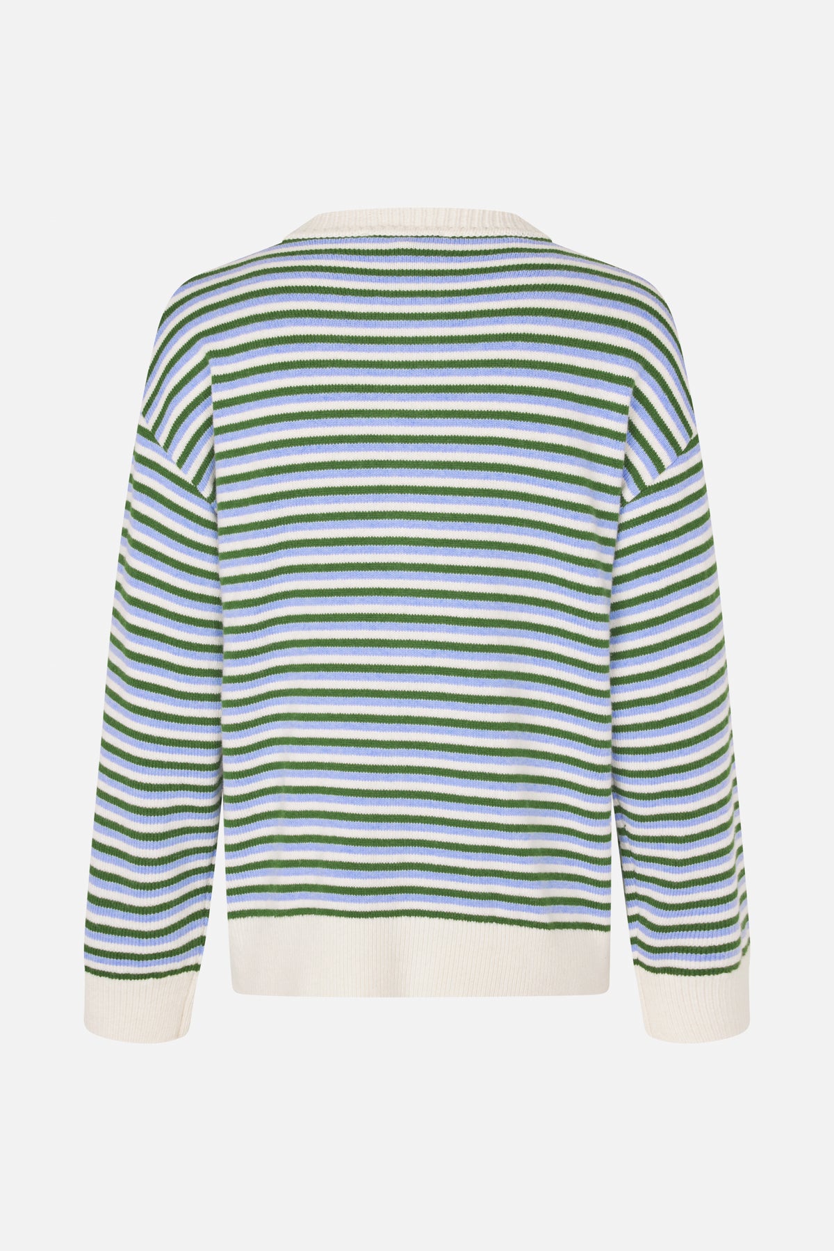 Back view of a long-sleeved knitted sweater with horizontal green, pale blue and white stripes and solid white ribbed collar, cuffs and hem.