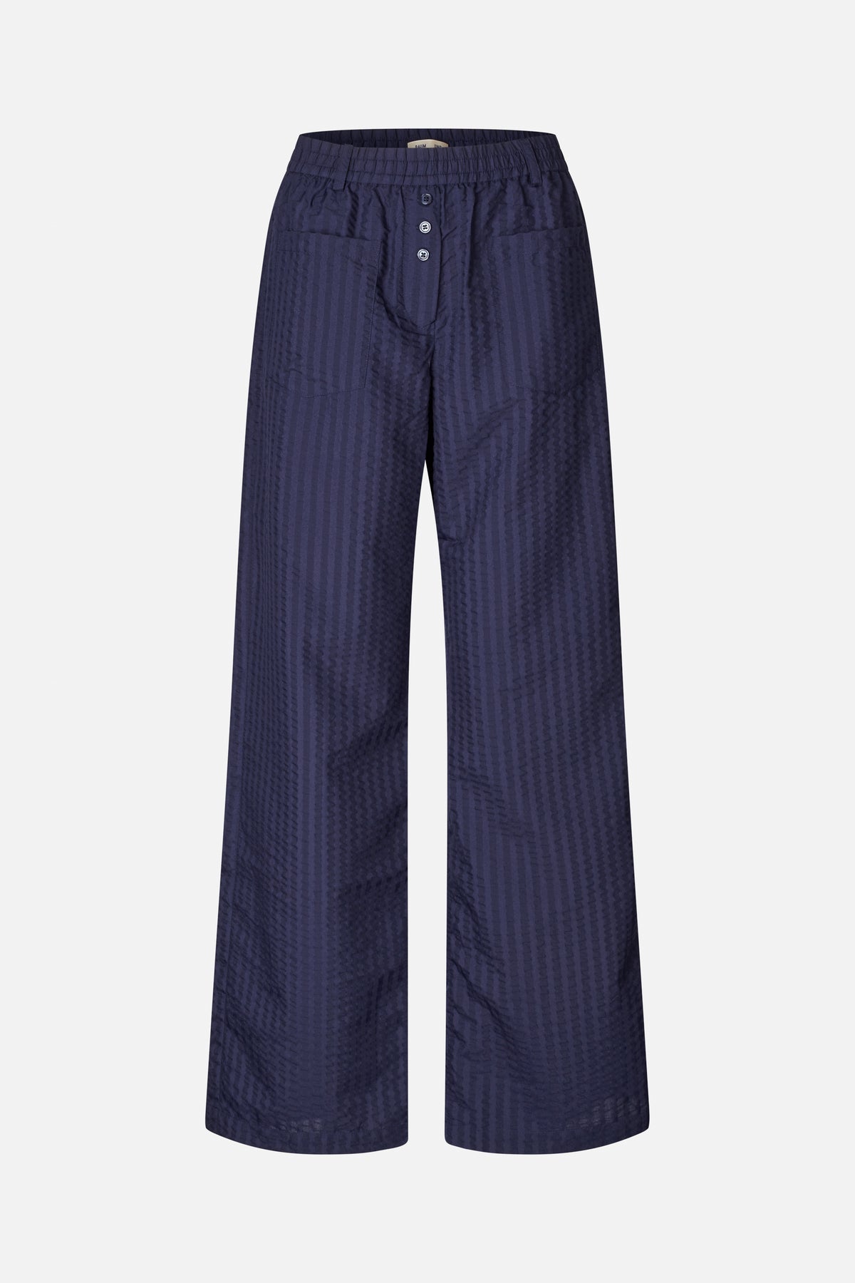 Vorderansicht einer marineblauen Hose mit weitem Bein, feinem Strukturstreifenmuster, elastischem Bund, Knopfleiste und großen aufgesetzten Taschen.