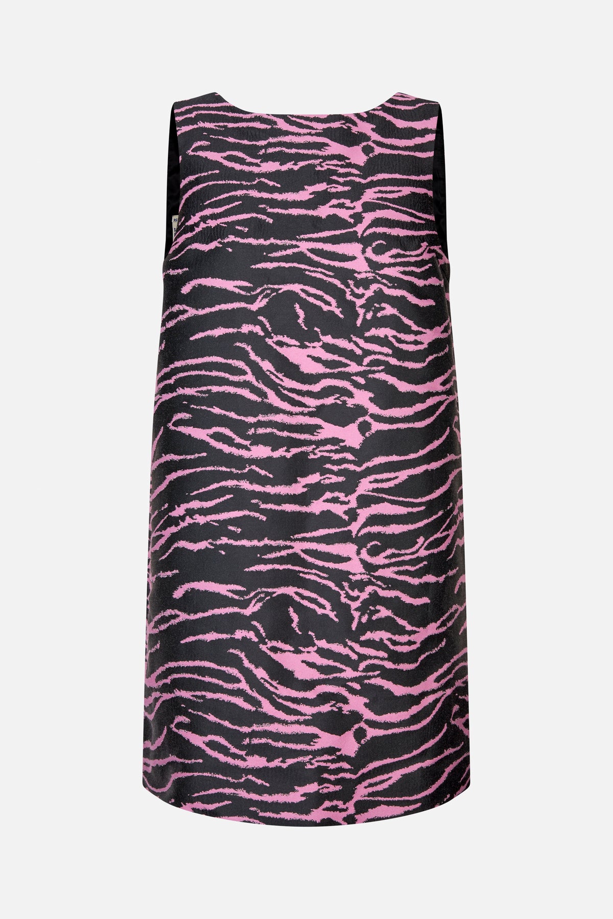 Front view of a sleeveless shift dress with a rounded neckline and an abstract pink pattern on black.
