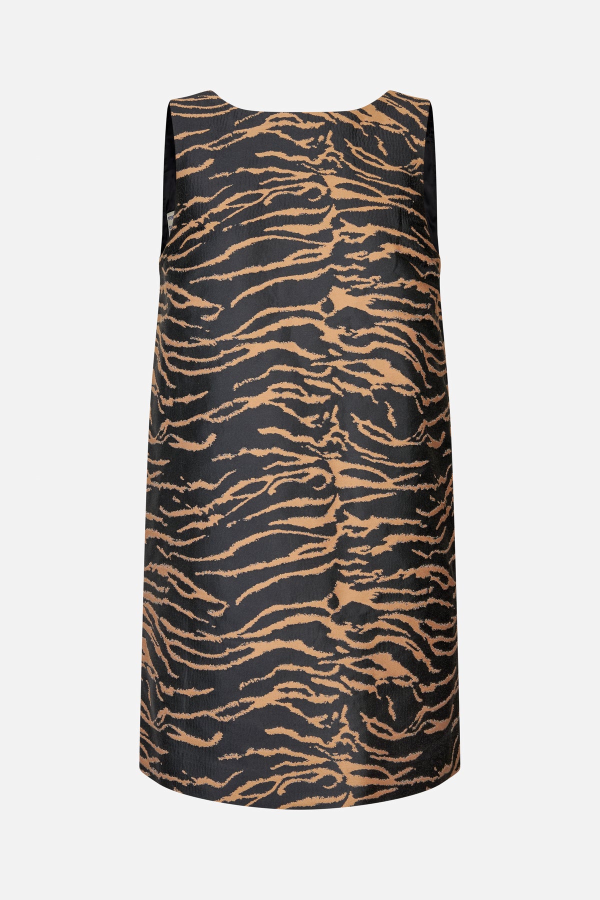 Front view of a sleeveless shift dress with a rounded neckline and tan abstract stripes on a charcoal-black background.