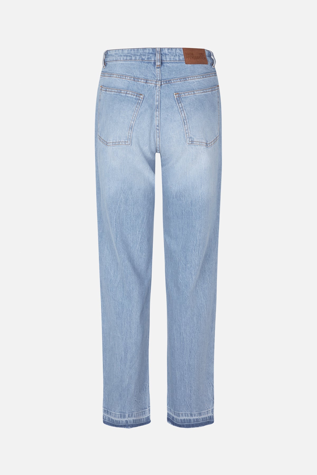 Rear view of light-wash blue straight-leg jeans with two back patch pockets and a brown waistband label.