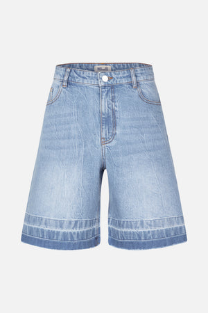 Front view of light blue washed denim shorts with wide legs, a button closure, front pockets and turned-up hems.