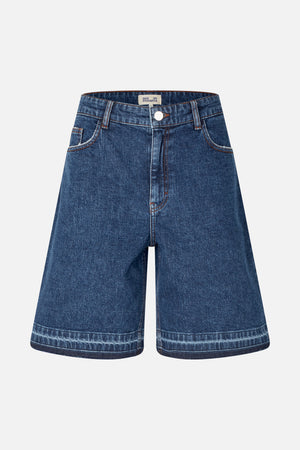 Front view of dark blue wide-leg denim shorts with orange contrast stitching, belt loops, front pockets and faded hems.