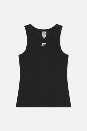 Front view of a black ribbed sleeveless tank top with a white embroidered BP monogram on the chest.