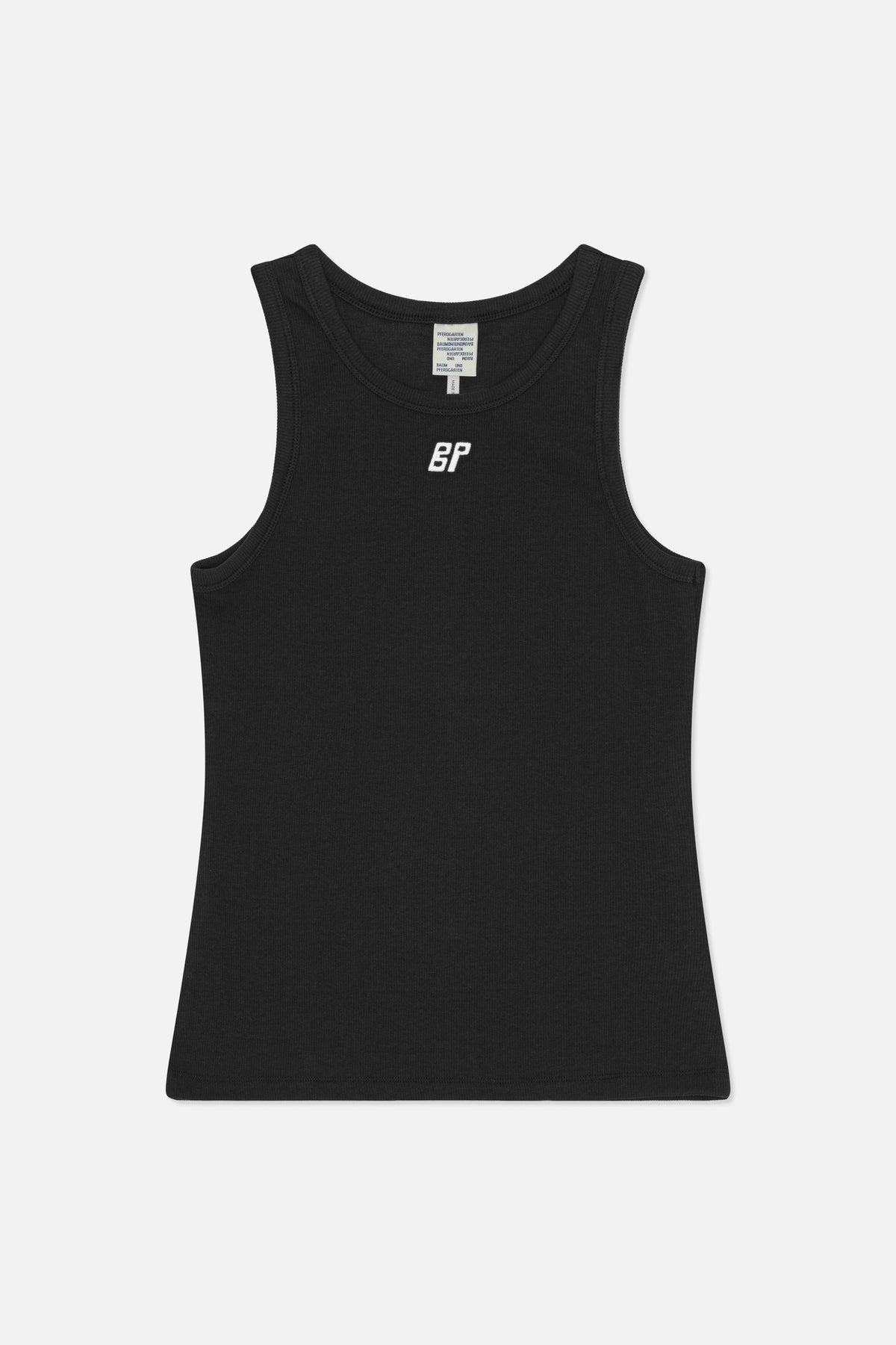 Front view of a black ribbed sleeveless tank top with a white embroidered BP monogram on the chest.