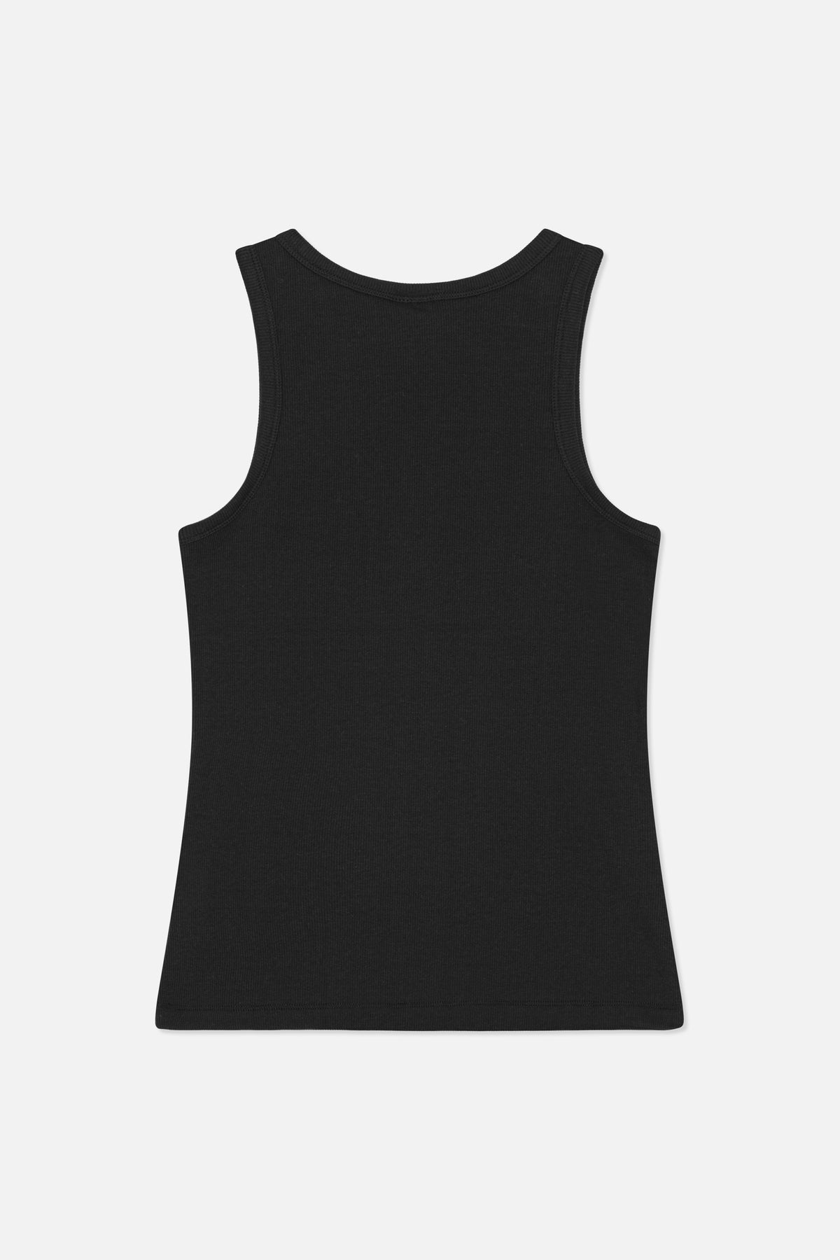 Back view of a black ribbed sleeveless top with a racerback and bound neckline and armholes.