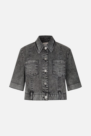 Front view of a charcoal washed denim jacket with a pointed collar, button fastening, chest pockets and elbow-length sleeves.