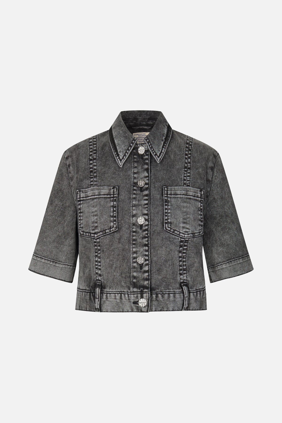 Front view of a charcoal washed denim jacket with a pointed collar, button fastening, chest pockets and elbow-length sleeves.