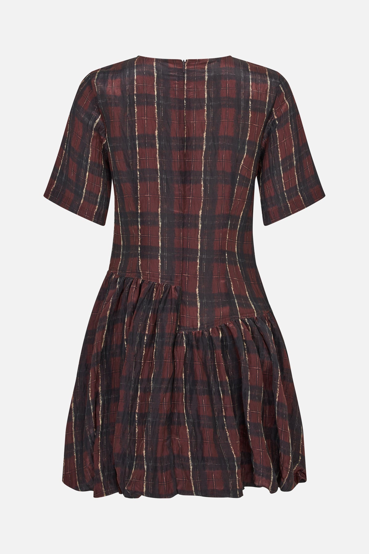 Back view of a short-sleeved dress in burgundy and dark plaid with fine cream lines and a gathered skirt.