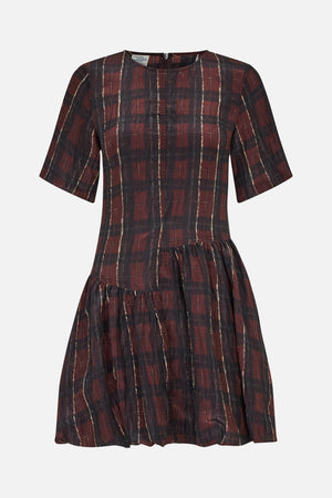 Front view of a burgundy and black plaid dress with short sleeves, a round neckline and a gathered tiered skirt.
