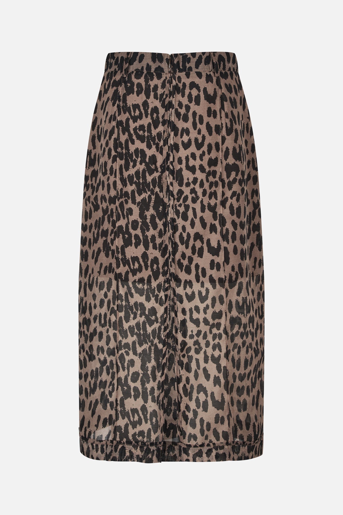 Front view of a taupe midi skirt with an abstract black leopard print, high waistband, belt loops and vertical seams.