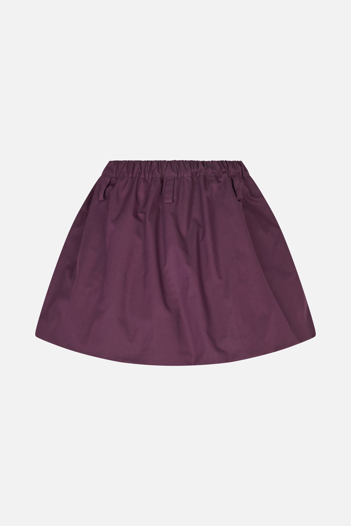 Front view of a solid plum A-line skirt with a gathered elastic waistband, belt loops and side pockets.