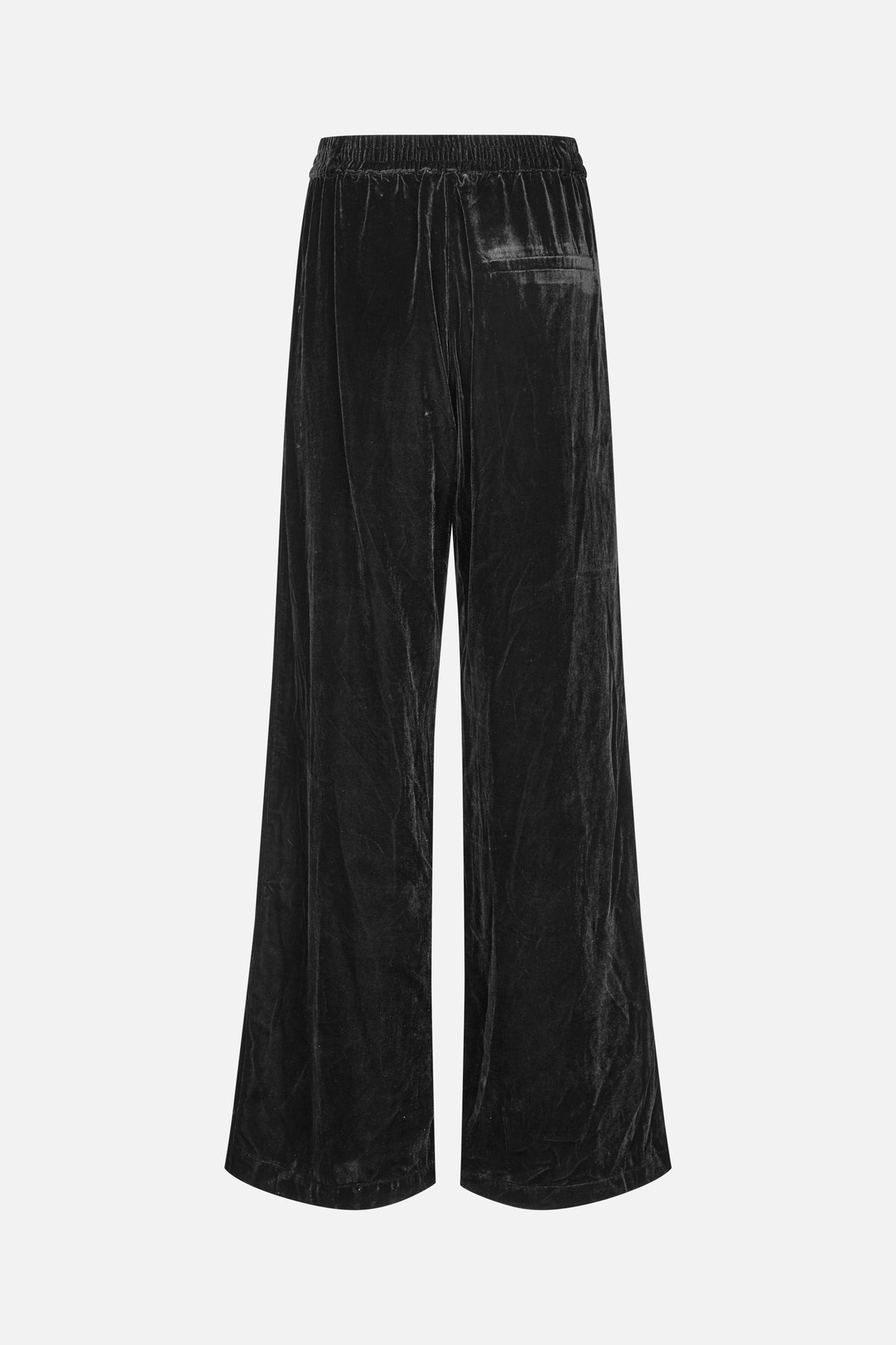 Schwarze Samt-Hose mit weitem Bein, Rückansicht, mit elastischem Bund und einer Leistentasche.