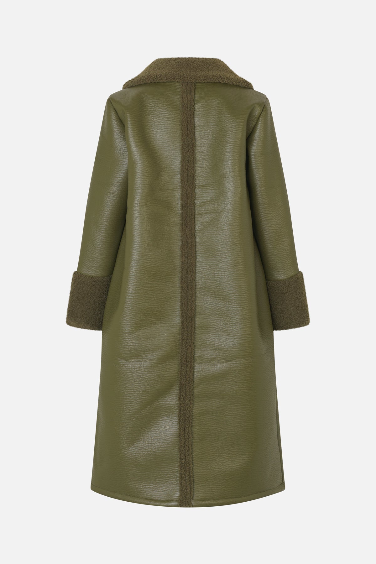 Back view of a long olive-green coat with a textured shearling collar, cuffs and a vertical centre-back trim.