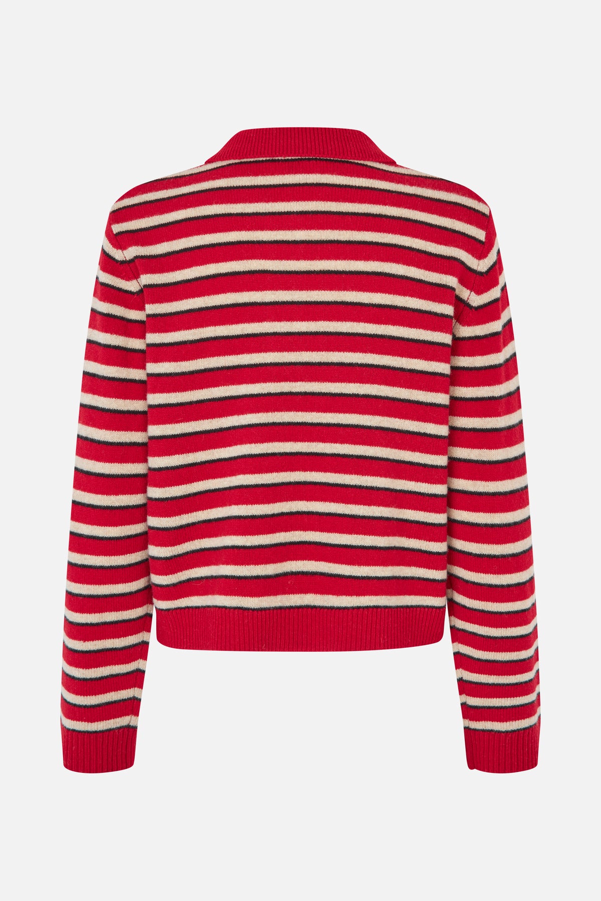 Back view of a red long-sleeved knit sweater with cream and narrow black horizontal stripes and ribbed collar, cuffs and hem.