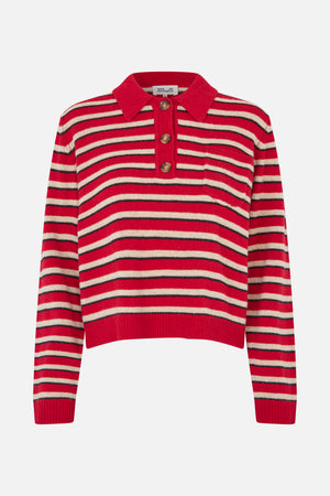 Front view of a red knitted long-sleeve sweater with cream and dark horizontal stripes, a pointed collar and three-button placket.