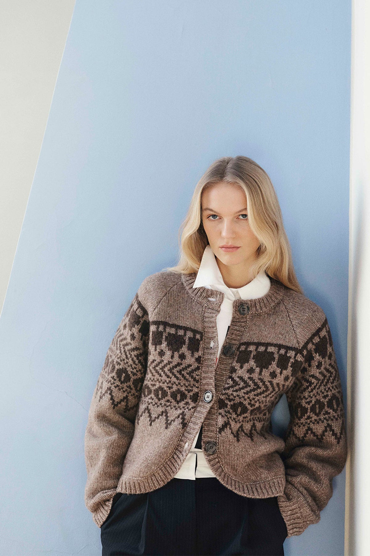 Model wearing a taupe and black patterned button-front cardigan over a white collared blouse and black trousers against a pale blue backdrop.