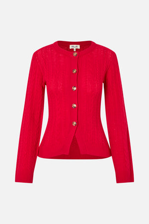 Front view of a bright red cable-knit cardigan with a round neckline, long sleeves, ribbed trim and brown buttons.