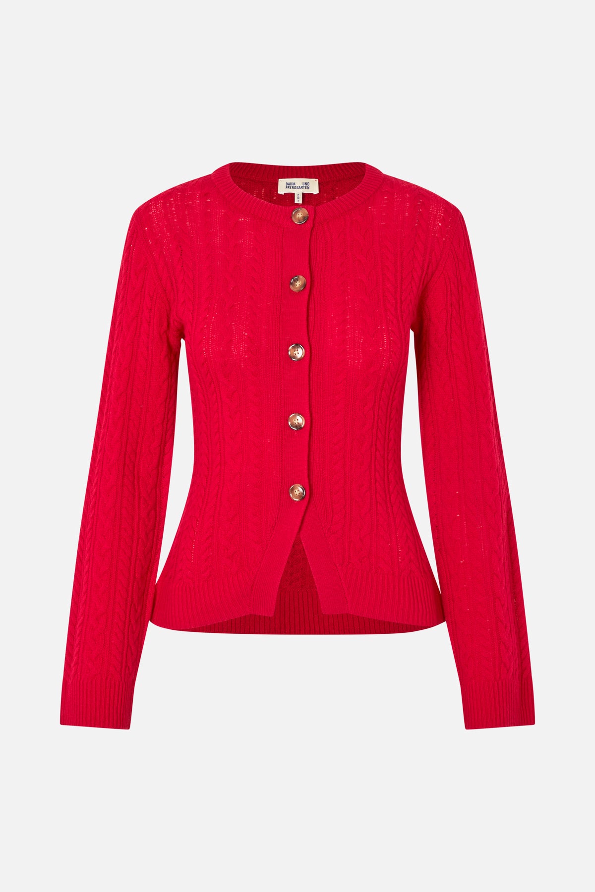 Front view of a bright red cable-knit cardigan with a round neckline, long sleeves, ribbed trim and brown buttons.