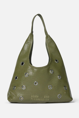 Olive green shoulder bag with a pebbled texture, silver eyelets and embroidered Baum und Pferdgarten logo, shown from the front.
