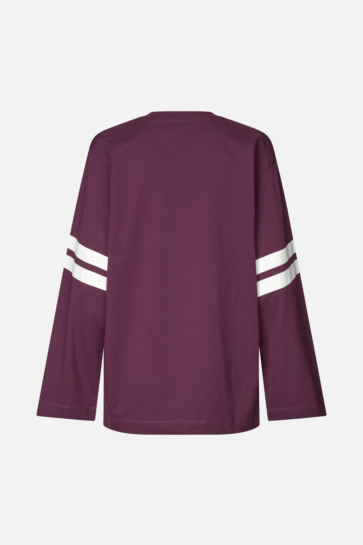 Back view of a plum long-sleeved shirt with broad white stripes around the sleeves.