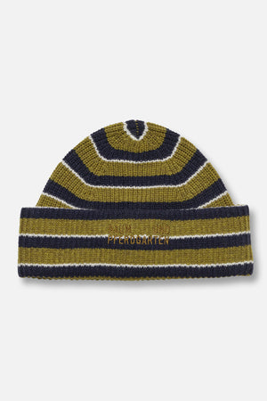 Close-up of an olive green and navy striped knitted beanie with white accents and embroidered Baum und Pferdgarten lettering.