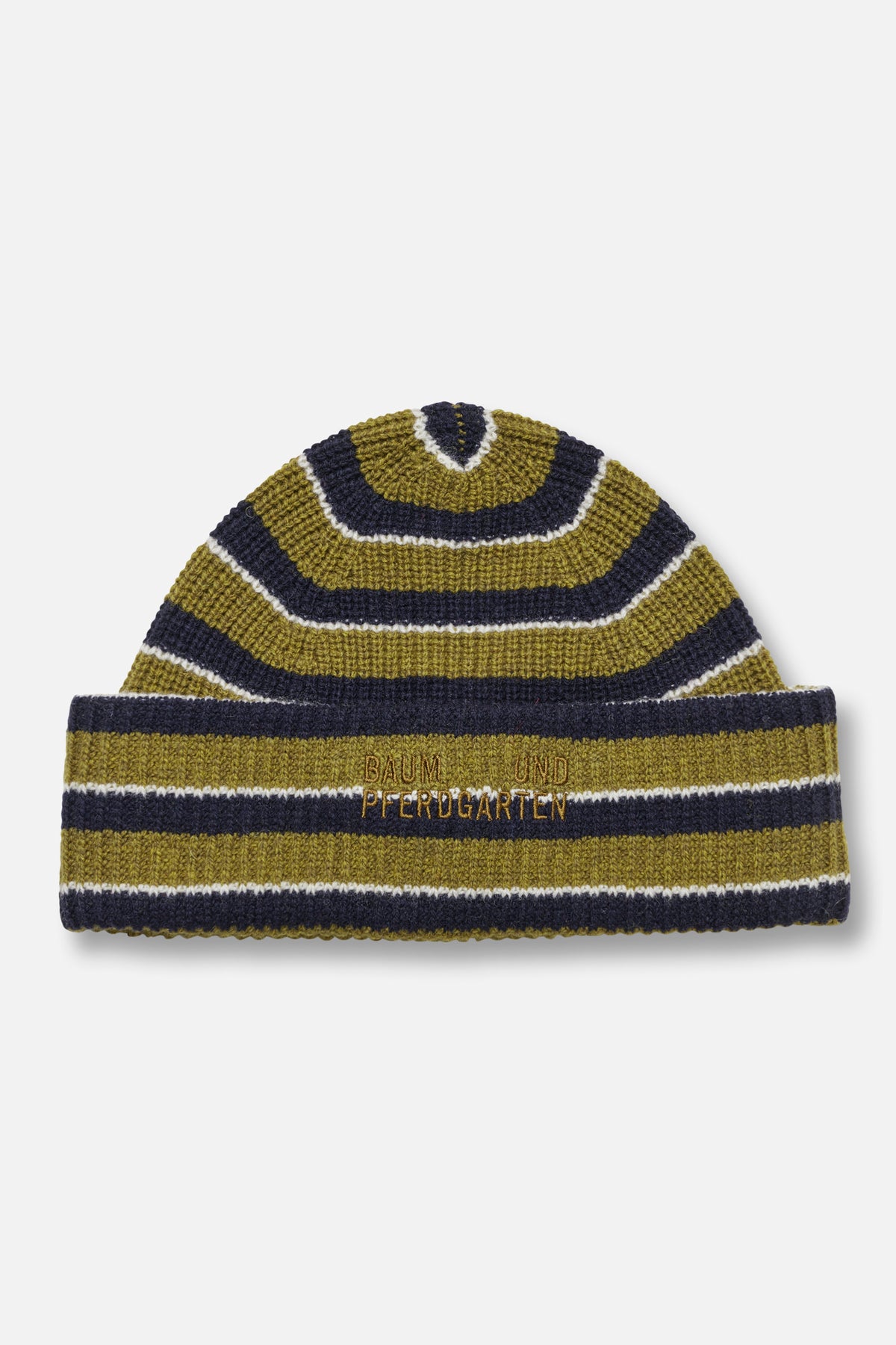 Close-up of an olive green and navy striped knitted beanie with white accents and embroidered Baum und Pferdgarten lettering.