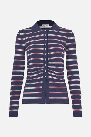 Front view of a navy long-sleeved collared cardigan with white and burgundy stripes, pearl-like buttons and a ruched waist.