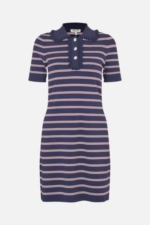 Front view of a navy short-sleeved collared dress with horizontal cream and burgundy stripes, a ruffled collar and placket, and decorative buttons.