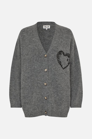 Front view of a grey V-neck button-front cardigan with long sleeves, ribbed trim and a black beaded heart motif.