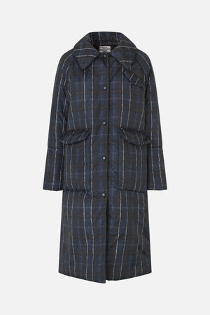 Front view of a long dark navy checked coat with an oversized collar, snap-button fastening and large flap pockets.