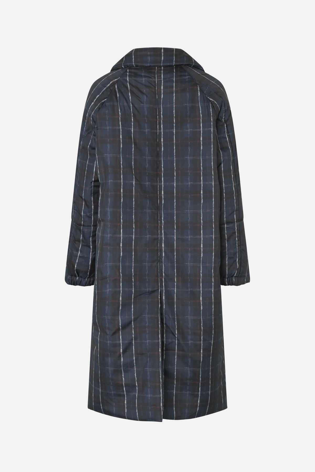 Back view of a long charcoal coat with a large collar, subtle blue and rust windowpane checks, and gathered cuffs.